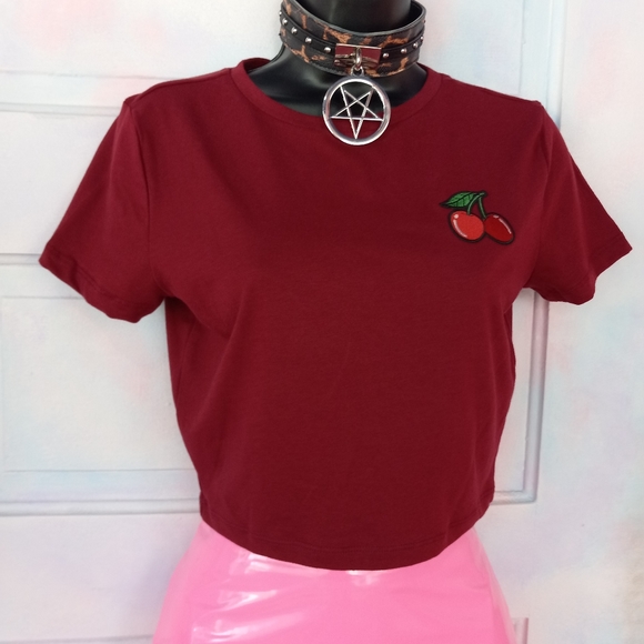 SOLD ❣️Dbl cherry accent patch black crop top! So kawaii cute! Ooak!! - Picture 5 of 6